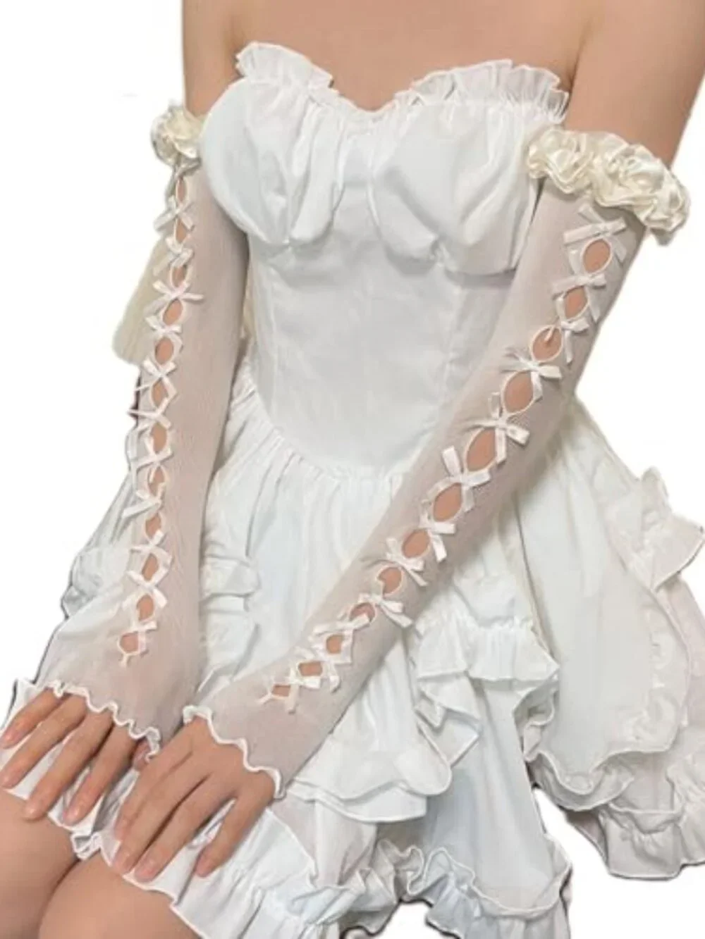 Y2K Lace Fingerless Gloves Gothic Bow Arm Sleeves Bridal Elbow Length Tulle